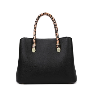 Large capacity black tote bag with leopard print handles and gold hardware details
