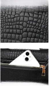 Detail of black crocodile texture leather bag with a functional back zipper pocket