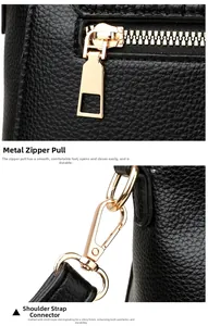 Detail of gold-plated zipper and rotating shoulder strap hook on black lychee leather bag