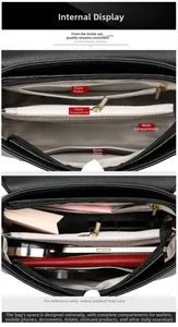 Detail showing the internal structure of black leather shoulder bag with multiple compartments