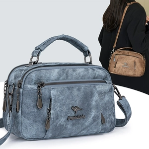 Women Textured PU Leather Multi Pocket Crossbody Handbag With Kangaroo Logo Stylish Top Handle Shoulder Bag For Commuting Daily