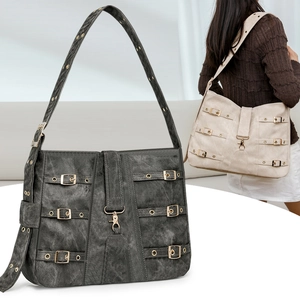 Vintage PU Leather Large Capacity Shoulder Bag Women Industrial Style Multi Buckle Tote Bag Y2K Punk Commuter Hobo Bag
