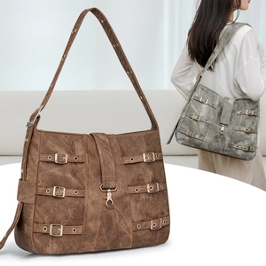 Retro large-capacity tote bag with wide shoulder strap and vintage distressed texture