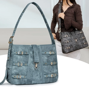Large vintage tote bag in distressed fabric with metal buckles and wide shoulder straps