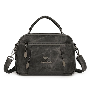 Deep grey faux leather multi-pocket handbag with adjustable shoulder strap for women