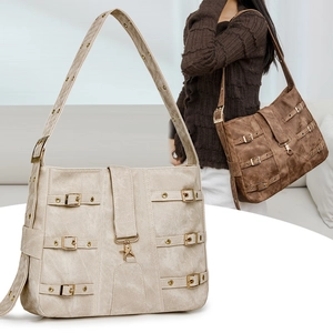 Large vintage distressed tote bag with wide shoulder strap in cream and brown finish