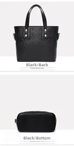 Detail view of black faux leather bucket bag with quilted texture and gold hardware