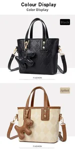 Detail of quilted leather bucket bags with gold hardware and puppy charms