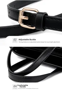 Detail of adjustable shoulder strap with gold buckle and comfortable handle for black bucket bag