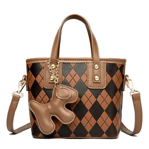 Fashion Women's Mini Bucket Bag Argyle Pattern PU Leather Handbag With Cute Dog Pendant Detachable Strap Crossbody Bag
