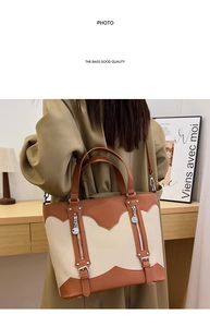 Detail view of large color-block tote bag with zip accents and adjustable strap