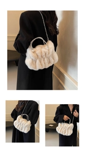 Close-up of white faux fur handbag with ruched texture, rhinestone handle and pearl accents