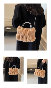 Detail of khaki faux fur bag with rhinestone handle, pearls and silver chain strap