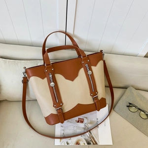 Fashion Large Capacity Women Tote Bag PU Leather Contrast Color Shoulder Bag With Decorative Zipper Commute Handbag