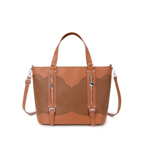Brown color-block tote bag with textured faux leather, dual handles and shoulder strap