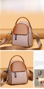 Detail view of the multi-functional beige and brown backpack with adjustable straps