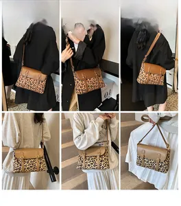 Detail shots of leopard print crossbody bag with brown leather flap and golden hardware