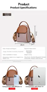 Detailed dimension chart for small nylon crossbody bag with color block design