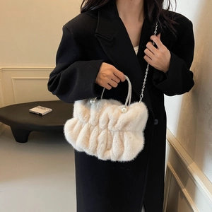 Furry cream handbag with pleated texture, pearl accents and rhinestone metal handle