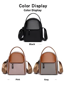 Three minimalist nylon backpacks in black, pink, and blue showing front zip pockets