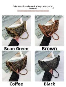 Collage of four leopard print crescent bags in green, brown, coffee, and black
