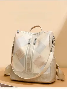 Detail of multi-color quilted faux leather backpack with vertical zip pockets