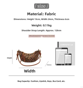 Size chart showing leopard print crescent bag dimensions 24x13x6cm and scale comparison
