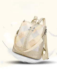 Close-up of lightweight patchwork PU leather backpack with vintage diamond quilted pattern