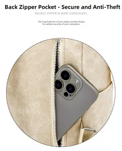 Close-up of the back anti-theft zipper pocket on a cream PU leather backpack with phone