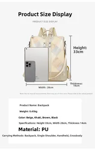 Detail showing dimensions and multi-functional carrying ways of the geometric PU backpack