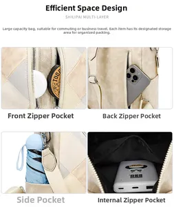 Detail view of multi-pocket storage and beige textured leather on the backpack