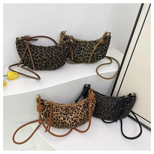 Detailed collection of leopard print crescent bags in four colors with pleated texture
