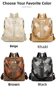 Color display of vintage PU leather backpacks in beige, khaki, brown, and black