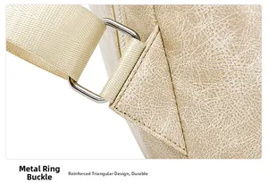 Detail of durable metal buckle and reinforced triangular stitching on PU leather backpack
