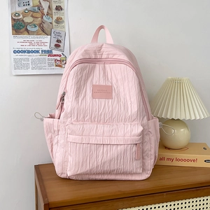 Kids Lightweight Pleated Nylon Backpack Preppy Style School Bag With Cute Plush Pendant For Girls Casual Travel Daypack