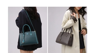 Detail view of large tote bags in green and brown with textured leather and shoulder straps