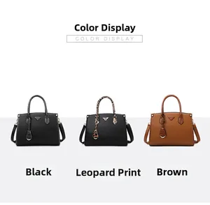 Minimalist large tote bags in black, leopard print, and brown with metal triangle detail
