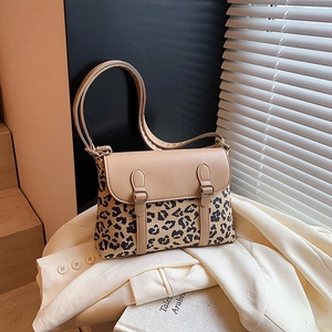 Women Leopard Print Crossbody Bag PU Leather Stitching Flap Square Shoulder Messenger Bag Vintage Daily Street Style
