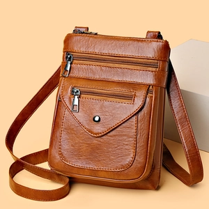 Vintage brown PU leather crossbody cell phone bag with multiple zipper pockets and strap