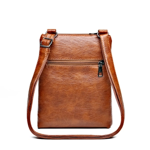 Brown vintage faux leather crossbody phone bag with rear zipper and adjustable strap