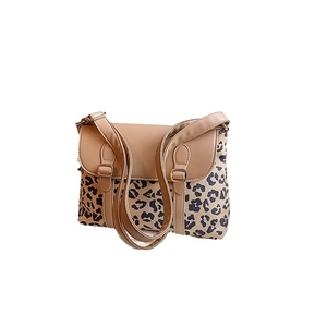 Minimalist leopard print crossbody bag with light brown flap and adjustable buckle straps