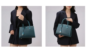 Detailed side and front view of dark green leather tote with metal triangle logo