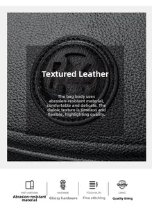 Close-up of litchi texture leather handbag featuring a round embossed brand logo