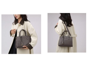 Detail of grey leather tote with iconic triangle logo and adjustable shoulder strap