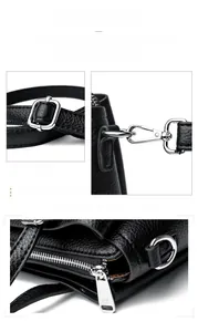 Detailed view of silver-tone hardware and buckle on black lychee pattern leather tote