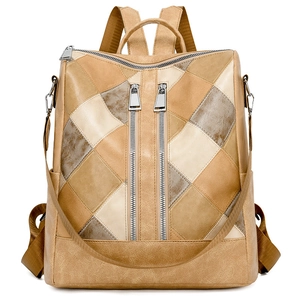 Retro multi-color patchwork PU leather backpack with geometric diamond stitching and zippers