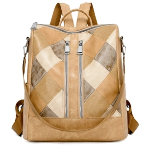 Women's vintage PU leather patchwork backpack with quilted rhombus pattern in khaki and beige