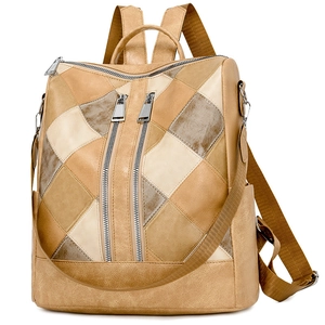 Vintage quilted PU leather backpack with tricolor color-block design and dual-zipper front