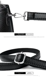 Detail of silver detachable metal hook and adjustable pebbled leather shoulder strap