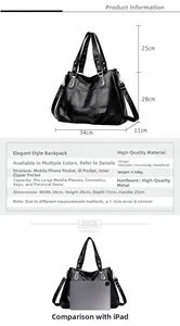 Size chart showing large vintage tote bag dimensions 34x28x11cm with iPad comparison